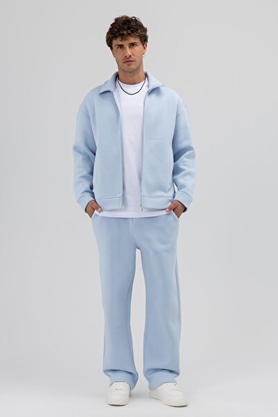 VAMOSCLO Oversize Önü Fermuarlı Dik Yaka Sweatshirt Bebe Mavi