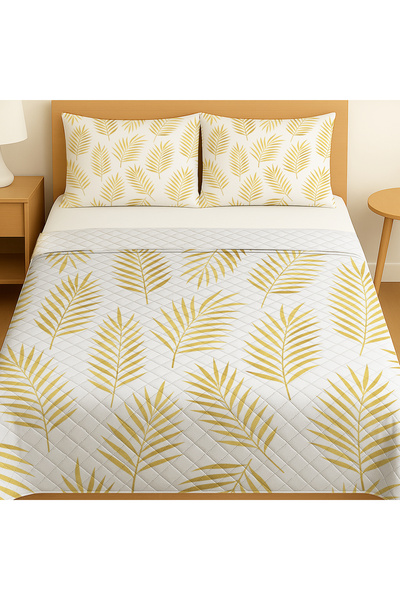 3D ELSE HALI Gold Palm Leaf Patterned Double Pique Set Bedspread