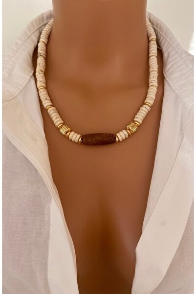 TARZ-I TAKI قلادة نسائية من الحجر الطبيعي، عقيق هندي بني، فيروز كريمي، قطع دا...