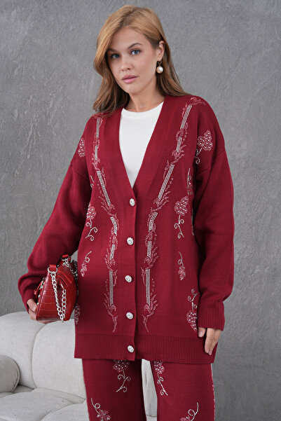 Miss Allos Women's Beaded Wide-Fit Knitwear Cardigan and Pants Bottom-Top Set