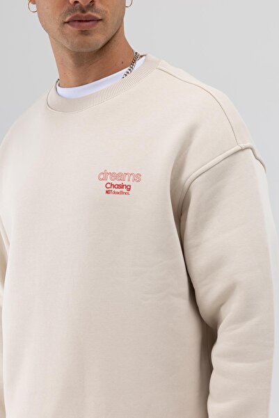 VAMOSCLO Oversize Bisiklet Yaka Baskılı Sweatshirt Taş