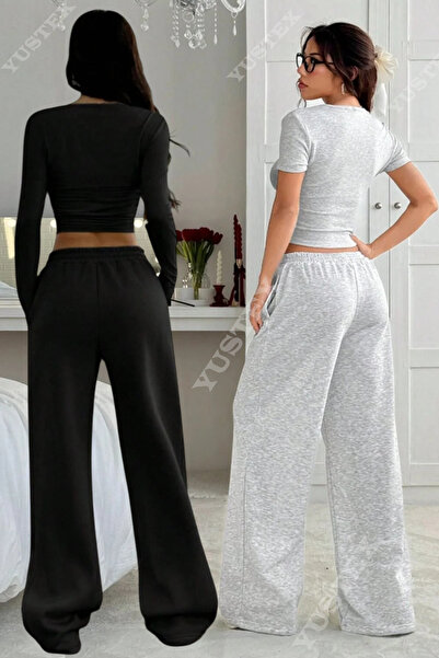 CAONNES 2 Pcs Women's Black + Gray Plus Size Baggy Loose Fit Pants Bottom Stretchy Comfortable Fabric Sweatpants