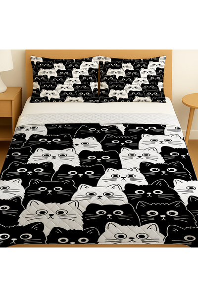 3D ELSE HALI Black and White Cats Patterned Double Pike Set Bedspread