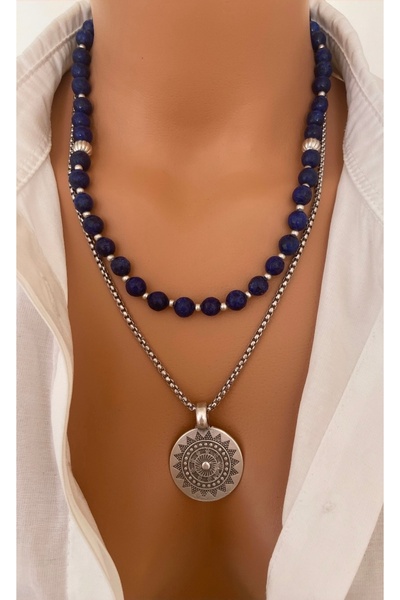 TARZ-I TAKI İki Kolyeli Set DOĞALTAŞ Lacivert LAPİS TAŞI ve ÇELİK Zincir Gümü...