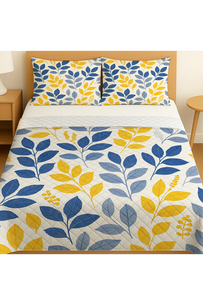 Else Dekor Yellow Navy Blue Floral Patterned Double Pike Set Bedspread