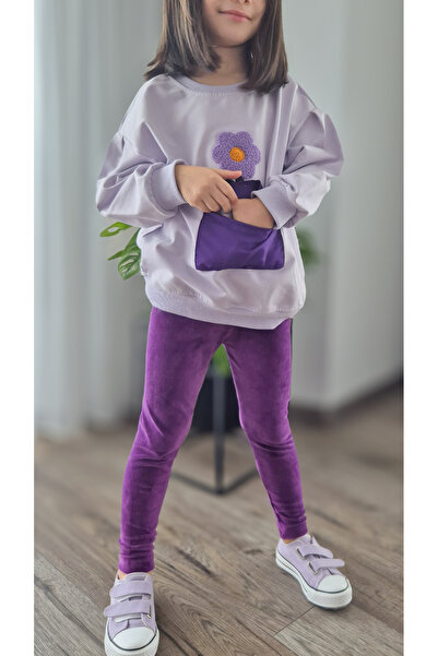 BALKABAĞI Torba Cepli Süzene Çiçek Nakışlı Lila Sweat Mor Kadife Taytlı Kız Çocuk Takım (2-8 yaş)