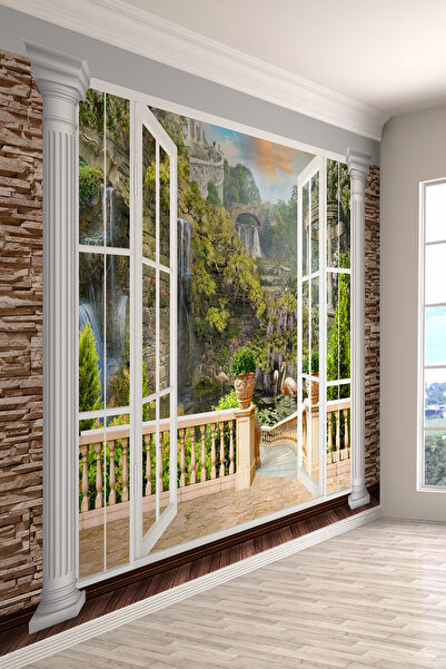 dreamwall 3D Açık Pencere Balkon ve Şelale Manzaralı Tek Parça Duvar Kağıdı