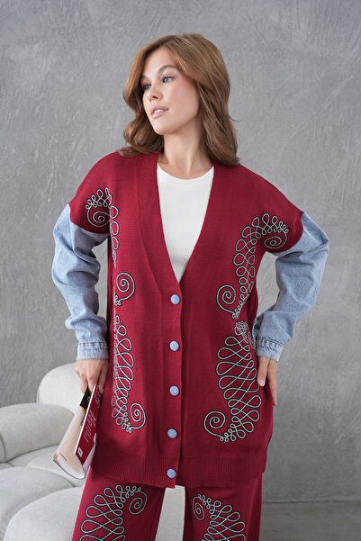 Miss Allos Women's Sleeves Denim Detailed Beaded Wide Fit Knitwear Cardigan and Pants Bottom-Top Set