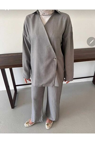 moda paketi Gray Linen Double Breasted Collar Buttoned Tunic Set