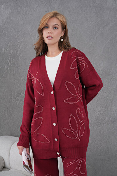 Miss Allos Women's Beaded Wide-Fit Knitwear Cardigan and Pants Bottom-Top Set