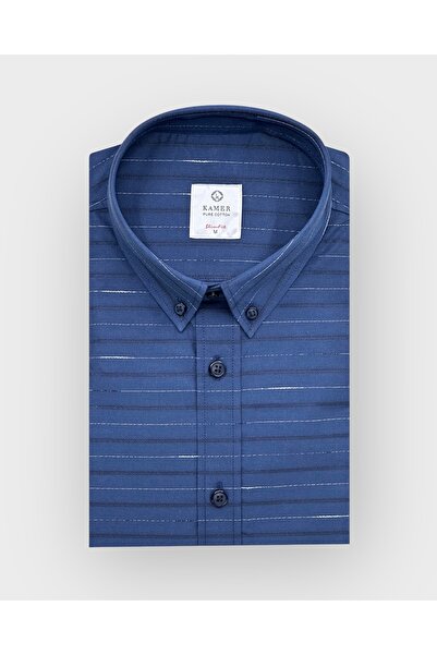 KAMER Men's Slim Fit Long Sleeve 100% Cotton Buttoned Collar Without Pocket Striped Navy Blue Shirt 2409L