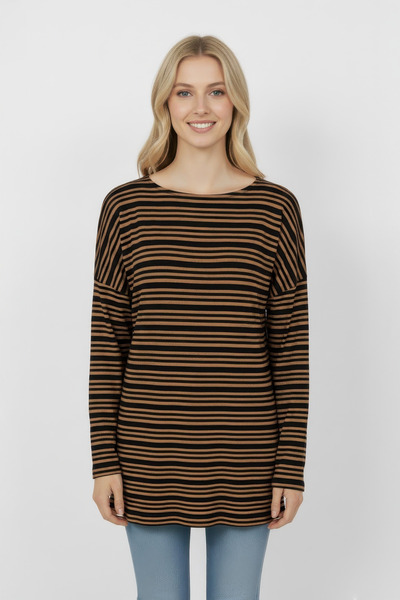 Kyron Γυναικεία μπλούζα με ριγέ χαμηλό μανίκι - ΜΑΥΡΟ-ΚΑΦΕ