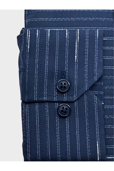 KAMER Men's Slim Fit Long Sleeve 100% Cotton Buttoned Collar Without Pocket Striped Dark Navy Blue Shirt 2409Kl