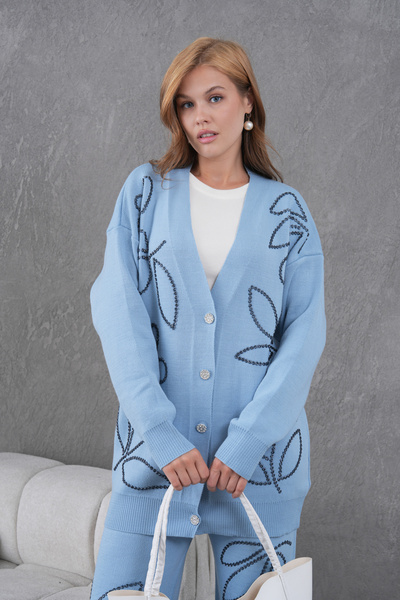 Miss Allos Women's Beaded Wide-Fit Knitwear Cardigan and Pants Bottom-Top Set