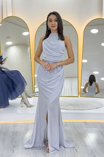 the ZKS Women's Halter Neck Glitter Draped Slit Evening Dress Baby Blue, Powder, Black