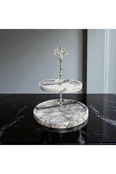 Verticra Calacatta Marble Hand-Carved 2-Tier Cake Stand - Silver Plated Handle Decorative Tray