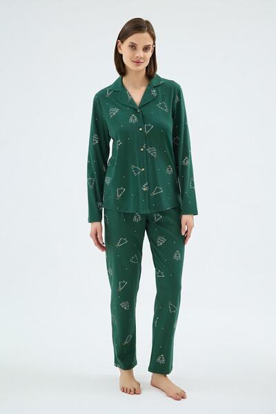 Sevim Women's Long Sleeve Buttoned Collar Pine Tree Pattern Green Pajama Set C8T7N071