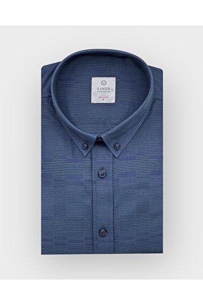KAMER Men's Slim Fit Long Sleeve 100% Cotton Buttoned Collar Without Pocket Patterned Navy Blue Shirt 2409Y