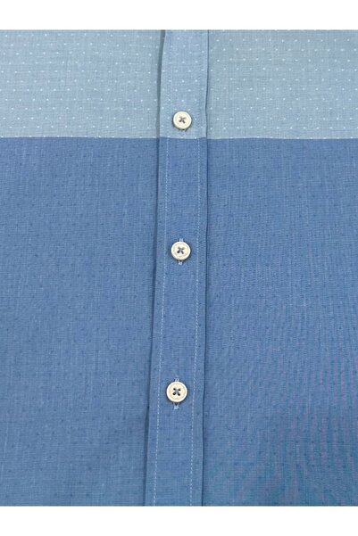 KAMER Men's Slim Fit Long Sleeve 100% Cotton Buttoned Collar Without Pocket Panel Patterned Blue Shirt 2410m