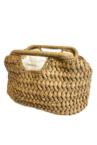 Uretti - Şennur 3131 Ръчно плетена кафява рафия чанта с закопчалка / 38 cm x 21 cm