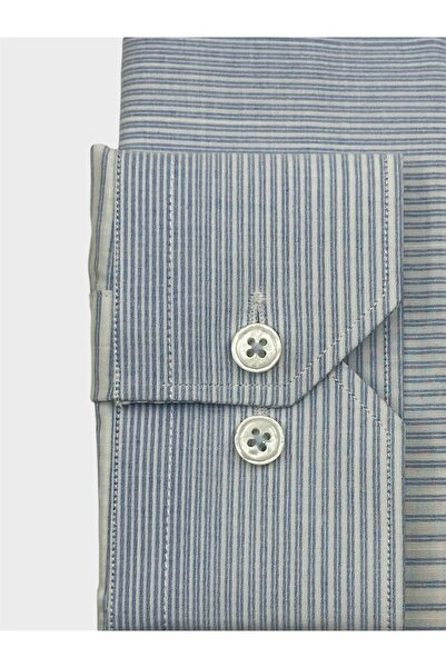 KAMER Men's Slim Fit Long Sleeve 100% Cotton Buttoned Collar No Pocket Striped White to Blue Shirt 2410Bm