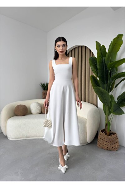 ETİKAFASHION Kare Yaka Askılı Kloş Elbise