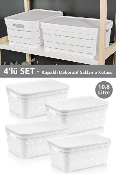 Meleni Home 4-Piece Lid Hole-Punched Decorative Pyramid Storage Box - Closet Organizer Organizer 10.8 Lt White