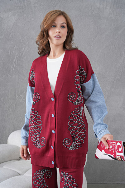 Miss Allos Women's Sleeves Denim Detailed Beaded Wide Fit Knitwear Cardigan and Pants Bottom-Top Set