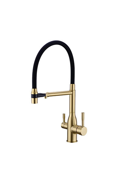 BisDesign ® Kitchen Sink Faucet, Filtered Water Function, Flexible Shower, 2 Flow, Matte Gold, 48 cm