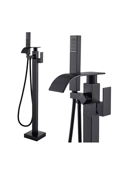 BisDesign Baterie cadă ®, montată pe podea, independentă, cadru pătrat, negru mat, cascadă, 98 cm