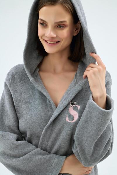 Sevim Women's Hooded Belted Fleece Gray Dressing Gown C4T9N071