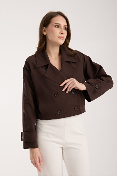 Bolivente Acı Kahve Kruvaze Yaka Crop Trençkot