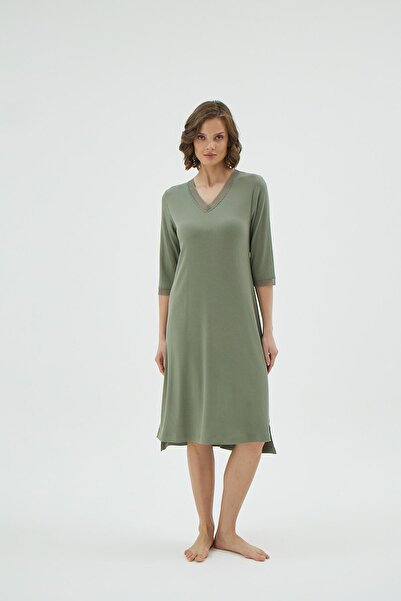 Sevim Дамска каки нощница с V-образно деколте, къси ръкави и дантелени детайли C3T1N171