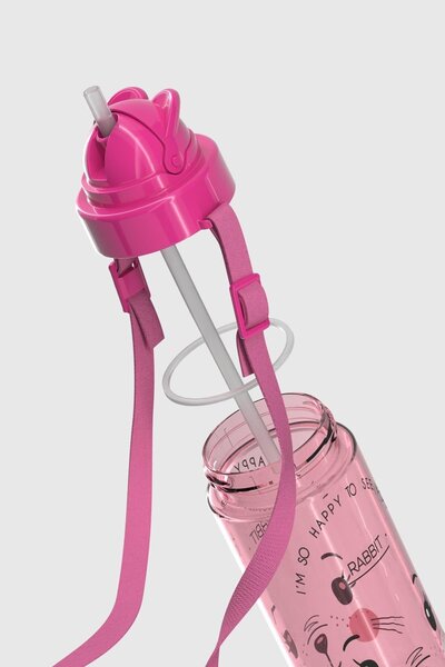 Renga Taffy Patterned 500 ml Tritan Children's Water Bottle with Strap and Straw 912080 Pink