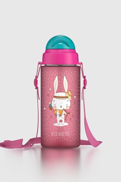 Renga Migo Soft Touch Patterned 500 ml Tritan Children's Water Bottle with Strap and Straw 912142 Pink
