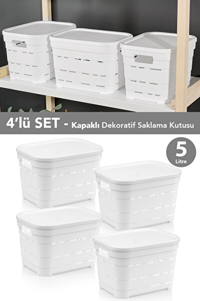 Meleni Home 4'lü Kapaklı Delikli Dekoratif Piramit Saklama Kutusu - Dolap Düz...
