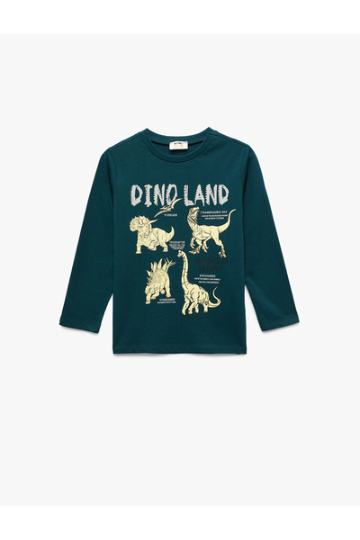 Koton Μπλουζάκι με μακρύ μανίκι με λαιμόκοψη από βαμβακερό στάμπα δεινοσαύρων