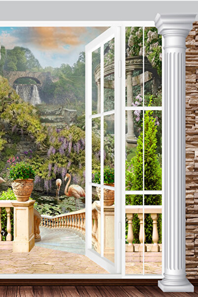 dreamwall 3D Açık Pencere Balkon ve Şelale Manzaralı Tek Parça Duvar Kağıdı