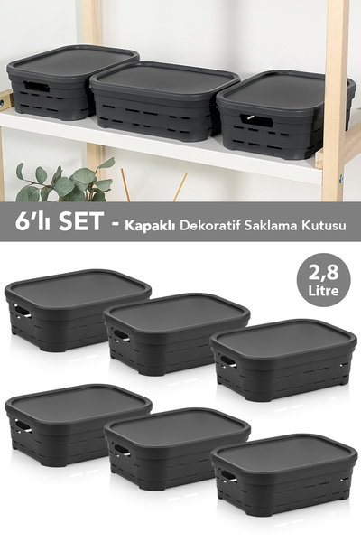 Meleni Home 6-Piece Lid Hole-Punched Decorative Pyramid Storage Box - Closet Organizer Organizer 2.8 Lt Anthracite