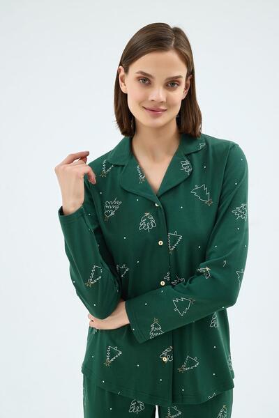 Sevim Women's Long Sleeve Buttoned Collar Pine Tree Pattern Green Pajama Set C8T7N071