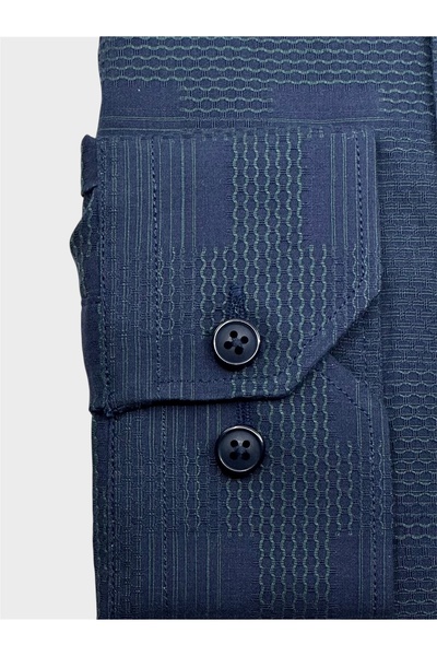 KAMER Men's Slim Fit Long Sleeve 100% Cotton Buttoned Collar Without Pocket Patterned Navy Blue Shirt 2409Y