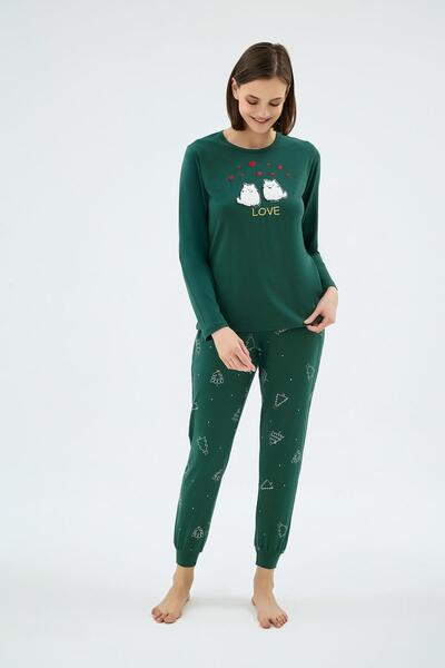 Sevim Women's Long Sleeve Printed Top Jogger Leg Green Pajama Set C9T7N071