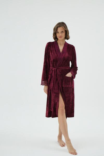 Sevim Women's Burgundy Lace Detailed Velvet Dressing Gown C5T0N171