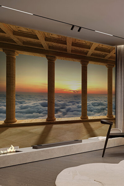 dreamwall 3D Antik Sütunlu Teras ve Gün Batımı Manzaralı Tek Parça Duvar Kağıdı