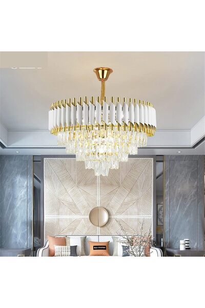 RFAN Chandelier, Model S9001/600, Crystal Texture, Metal, 10 X E27, White/Gold