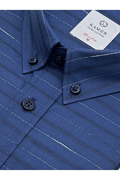 KAMER Men's Slim Fit Long Sleeve 100% Cotton Buttoned Collar Without Pocket Striped Navy Blue Shirt 2409L