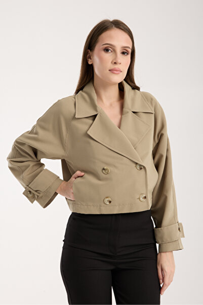 Bolivente Açık Haki Kruvaze Crop Trençkot