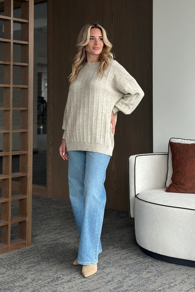 Laluvia Hellbeiger Oversize-Pullover mit Rundhalsausschnitt und Rippenmuster - 231165