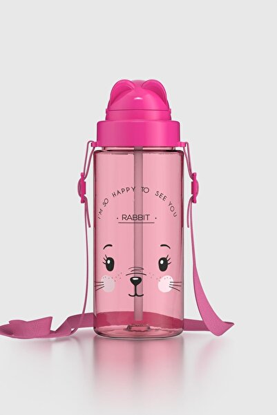 Renga Taffy Patterned 500 ml Tritan Children's Water Bottle with Strap and Straw 912080 Pink
