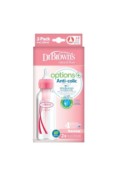 dr browns Set 2 biberone Dr. Brown's SB82305, cu dispozitive anticolici, Options Plus, 0-3 luni, 250 ml, Roz